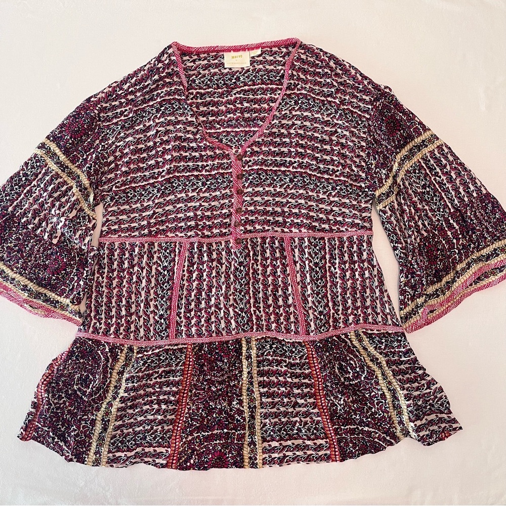 Maeve Anthropologie Lilyana Tiered Pink Boho Tunic 100% Silk Blouse Relaxed Fit